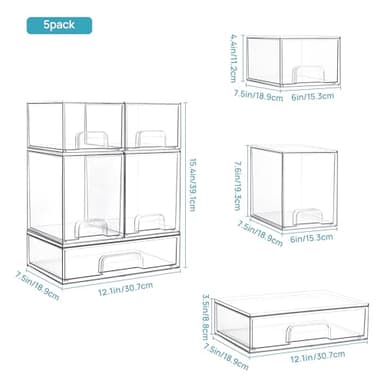 Vtopmart Stackable Storage Drawers Set of 5, Clear Plastic Organizer Bins for Beauty Supplies,Ideal for Vanity, Bathroom,Cabinet,Pantry Organization - Image 3