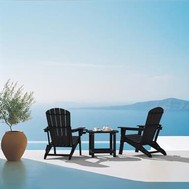 Plawdlik Folding Adirondack Chair, SGS Tested, Wooden Textured with Cup Holder, Heavy All-Weather HDPE Comfortable Set Poolside Backyard Lawn Black - Image 2