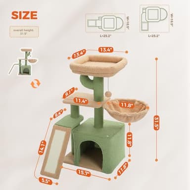 PETEPELA Cactus Cat Tree for Indoor Cats, 32'' Small Cat Tower Cat Condo with Sisal Scratching Ramp, Cozy Hammock and Removable Top Bed Perch for Kittens, Green - Image 4