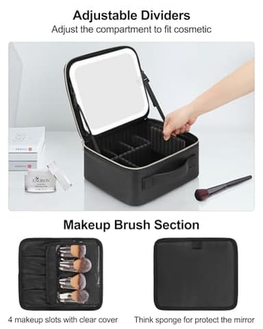 Chomeiu Makeup Bag with LED Mirror, Travel Makeup Case for Women and Makeup Artists Cosmetic Organizer Large Make Up Bags with Light Up Mirror, 3 Color Lights, Adjustable Dividers and Brush Holder - Image 3