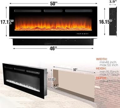 oneinmil Electric Fireplace, 50 inch Wide Recessed/Wall Mounted Electric Fireplace, Remote Control with Timer 12 Adjustable Color Flame, Remote Control,with Crystal Stone, 750/1500W - Image 9