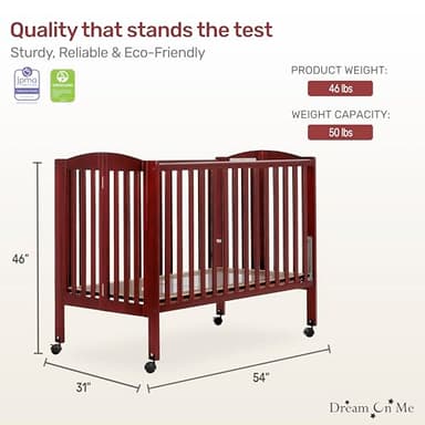 Dream On Me Full-Size 2-in-1 Folding Baby Crib in Cherry GreenGuard Gold & JPMA, Portable, Patented Quick Folding System, Strong Wheels, 2 Adjustable Mattress Heights - Image 3