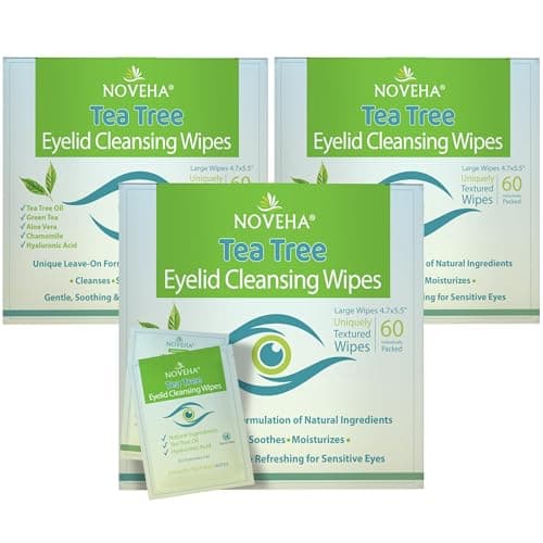 NOVEHA 180PCs Tea Tree Oil Eyelid & Lash Wipes With Hyaluronic Acid, Green Tea & Chamomile For Blepharitis & Itchy Eyes, Individually Wrapped Eyelash Wipes Natural Makeup Remover & Daily Cleanser - Image 1