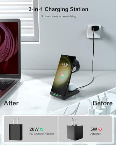 Wireless Charger for Samsung - NANAMI 3 in 1 Charging Station for Multiple Devices, Fast Charger Stand for Galaxy S25 S24 S23 Ultra S22 S21 Z Flip Fold 4,Galaxy Watch 6/5/5 Pro/4/3, Galaxy Buds 2 Pro - Image 3