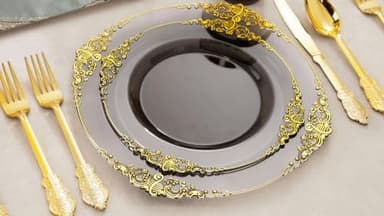 Nervure 175pcs Clear Black Plastic Plates - Gold Plastic Dinnerware Set for 25 Guests include 50 Disposable Plates,75 Gold Silverware,25 Cups,25 Napkins Perfect for Party&Independence Day - Image 9