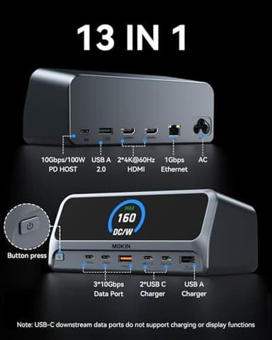 MOKiN Docking Station,13 in 1 USB C Laptop Charging Station with 2.26" LCD Smart Display,Dual HDMI Display,10Gbps USB A/C Ports,Gigabit Ethernet,160W Max Output for Dell,HP,Lenovo and More - Image 3