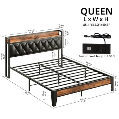 ANCTOR Queen Bed Frame, Storage Headboard with Outlets, Easy to Install, Sturdy and Stable, No Noise, No Box Springs Needed, Rustic Brown and Black - Image 2