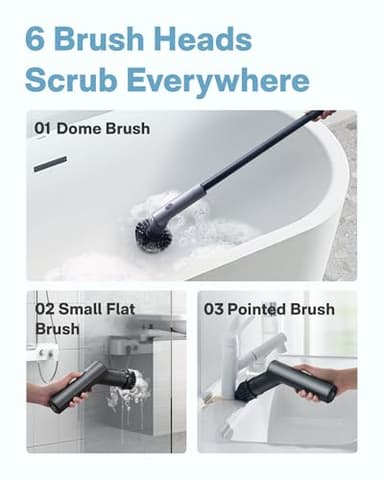 HOTO Cordless Electric Spin Scrubber, IPX7 Full Body Waterproof Bathroom Cleaning Brush, Max 22 in-lb, Shower Scrubber Brush with Long Handle, 6 Brush Heads, Power Scrubber for Bathroom, Floor, Tile - Image 2