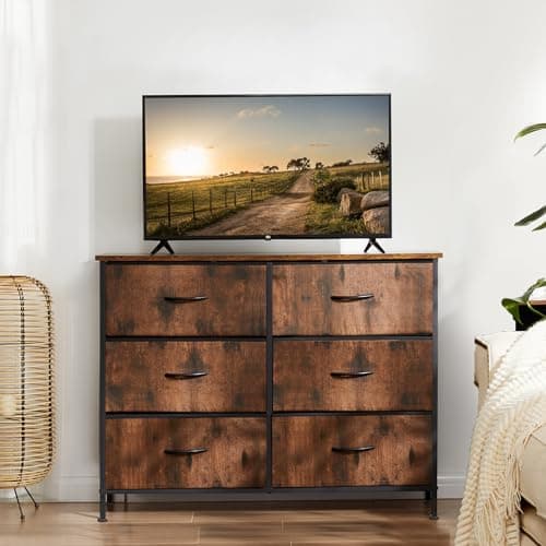 DUMOS TV Stand for Living Room Entertainment Center with 6 Fabric Drawers Dresser for Bedroom Storage Organizers Units, Brown - Image 1