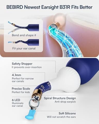 BEBIRD Flexible Ear Wax Removal Tool Camera, FSA HSA Eligible Items, Wireless Smart Visual Ear Cleaning Kit with 13-Piece Tips, HD Camera Ear Otoscope with Tweezers, Earsight Plus B31R Earwax Cleaner - Image 3