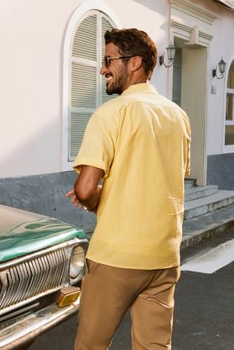 PJ PAUL JONES Cuban Shirts for Men Short Sleeve Button Down Untuckit Shirts for Summer Beach Camp Light Yellow S - Image 4