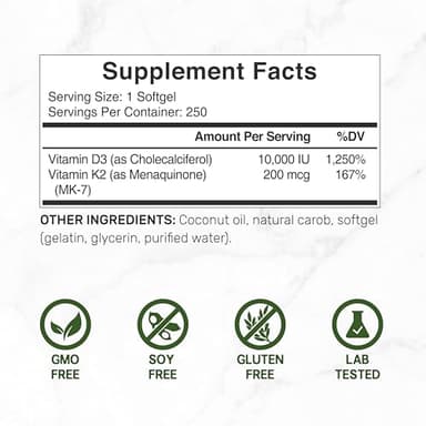 DEAL SUPPLEMENT Vitamin D3 10,000 IU + K2 MK7 200mcg Softgels, 250 Count | 2-in-1 Complex with Virgin Coconut Oil | Supports Heart, Bone, Teeth & Immune Health | Easy to Swallow - Image 5