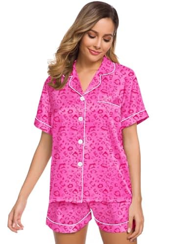 SWOMOG Womens Silk Satin Pajamas Set Two-piece Pj Sets Sleepwear Loungewear Button-Down Pj Sets Hot Pink Leopard Large - Image 2