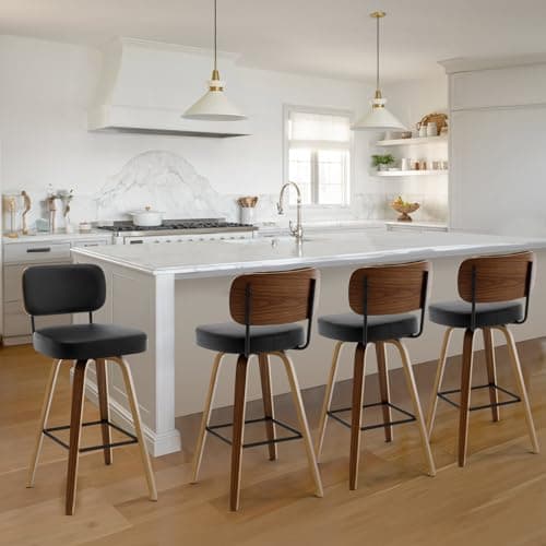Bekrvio Swivel Bar Stools Set of 4, 29" Upholstered Faux Leather Barstools with Back and Bent Wood Legs, Mid Century Modern Bar Chair Island Stool for Kitchen Counter, Black - Image 1
