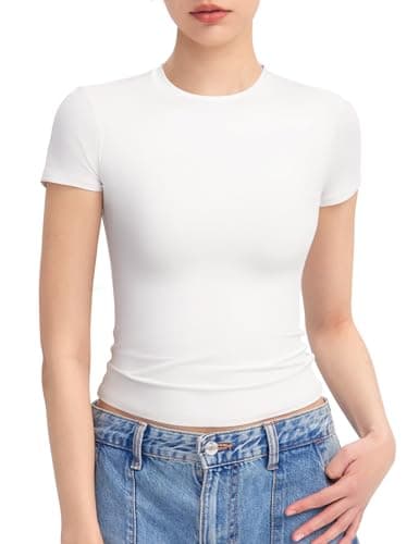 PUMIEY Summer Tops for Women Slim Fit Short Sleeve T Shirts Sexy Y2K Crop Top, Splashed White Small - Image 1