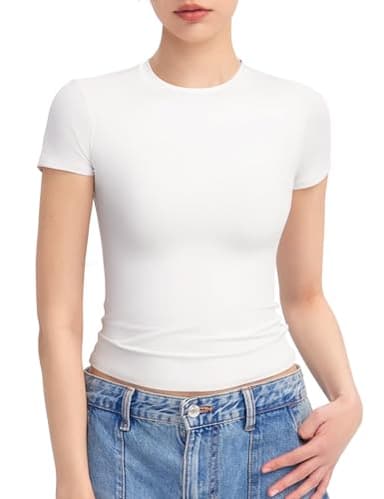 PUMIEY Summer Tops for Women Slim Fit Short Sleeve T Shirts Sexy Y2K Crop Top, Splashed White Small - Image 1