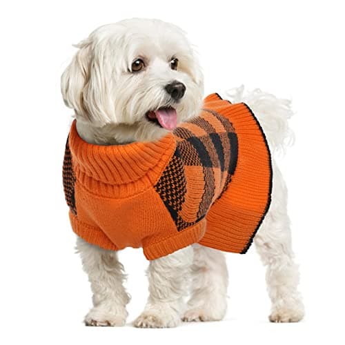 LeLePet Dog Sweater Dress - Turtleneck Pullover Knitwear, Warm Plaid Halloween Sweater for Small to Large Dogs, Yorkies, Orange, M - Image 1
