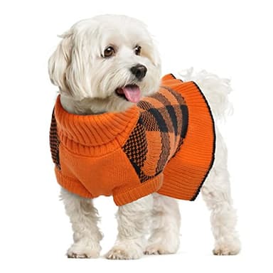 LeLePet Dog Sweater Dress - Turtleneck Pullover Knitwear, Warm Plaid Halloween Sweater for Small to Large Dogs, Yorkies, Orange, M - Image 1