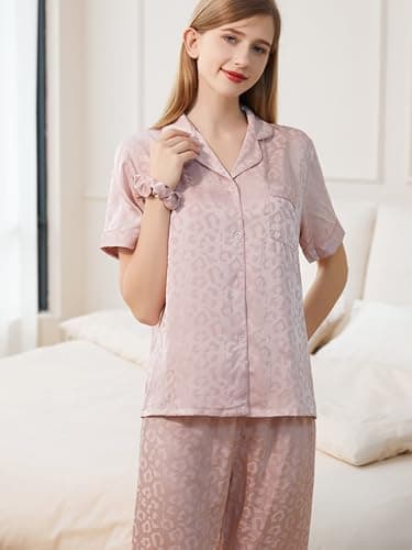 Netcken Women's Satin Silk Pajama Set - Short Sleeve Button-Down Sleepwear & Loungewear, Soft Luxury PJs, L Size Pink - Image 3