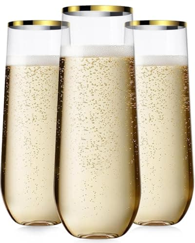 Maaacute 24 Pcak Champagne Flutes Plastic, 9 Oz Disposable Stemless Mimosa Gold Rim Toasting Glasses, Clear Crystal Plastic Cocktail Cups for Party Wedding Birthday - Image 1