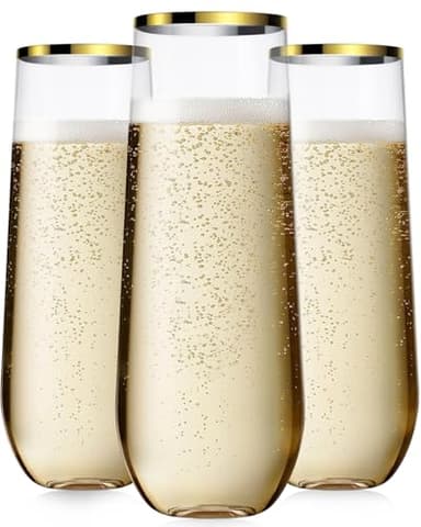 Maaacute 24 Pcak Champagne Flutes Plastic, 9 Oz Disposable Stemless Mimosa Gold Rim Toasting Glasses, Clear Crystal Plastic Cocktail Cups for Party Wedding Birthday - Image 1