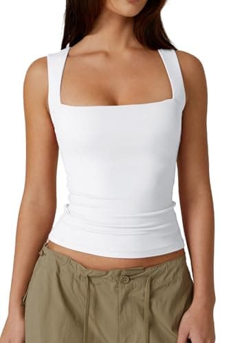 QINSEN Womens Tank Top Sleeveless Square Neck Casual Basic Fitted T- Shirts White M - Image 1