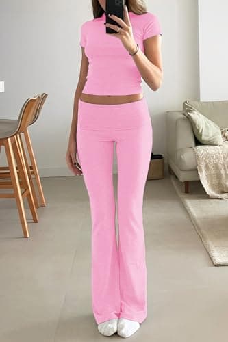 YETOWA Women's 2 Piece Lounge Outfits with Slim Short Sleeve Tops and Low Rise Flare Leggings Sets Versatile Yoga Fall Sweatsuit - Image 4