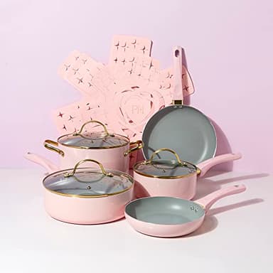 Paris Hilton Epic Nonstick Pots and Pans Set, Multi-layer Nonstick Coating, Tempered Glass Lids, Soft Touch, Stay Cool Handles, Made without PFOA, Dishwasher Safe Cookware Set, 12-Piece, Pink - Image 10