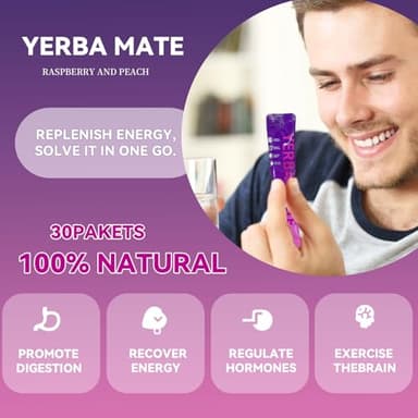 Yerba Mate Instant Tea Powder - Raspberry Peach Flavor - Gut Health & Clean Energy Super Drink with Nootropics, Prebiotics & Probiotics - Energy Boost & Focus - 30 Sticks (300g) - Image 3