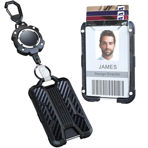 LIUGX Retractable Badge Holders, Heavy Duty Carabiner Keychain,Durable ID Card Holder (Holds 4 Cards), Carbon Fiber-Texture, with 31.5”Badge Reel Key Chain, 10,000+ Rebound, Silver-Black - Image 1