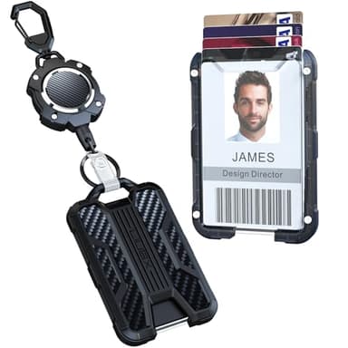 LIUGX Retractable Badge Holders, Heavy Duty Carabiner Keychain,Durable ID Card Holder (Holds 4 Cards), Carbon Fiber-Texture, with 31.5”Badge Reel Key Chain, 10,000+ Rebound, Silver-Black - Image 1