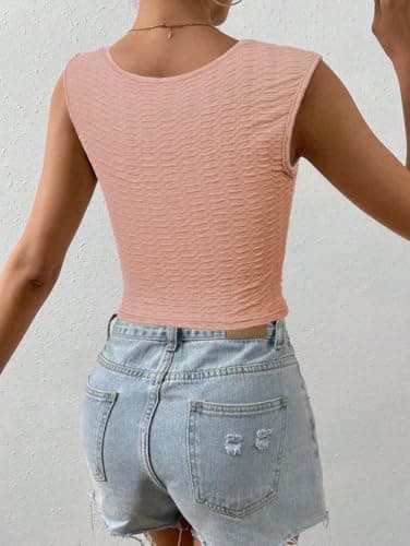 SKYAS Womens Cute Square Neck Ruched Going Out Crop Y2K Tank Tops Basic Trendy Summer Fitted Top Pink L - Image 2