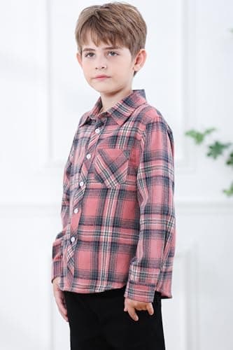 SANGTREE Boys Long Sleeves Flannel Plaid Button Down Shirt Tops Pink Plaid, 12-18 Months = Tag 80 - Image 4