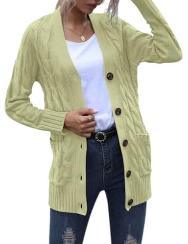 MEROKEETY Women's 2025 Fall Long Sleeve Cable Knit Cardigan Sweater Open Front Button Loose Outerwear Light Green - Image 3