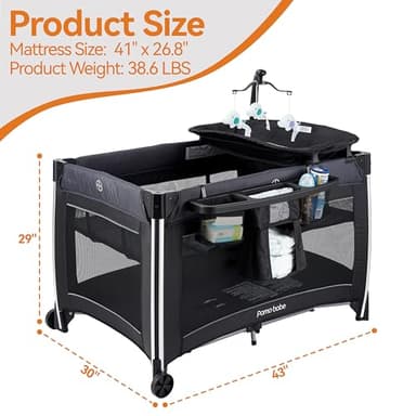 Pamo Babe 4 in 1 Baby Playards with Bassinet & Changing Table, Portable Crib Breathable Mesh and Toy Mobile - Image 7
