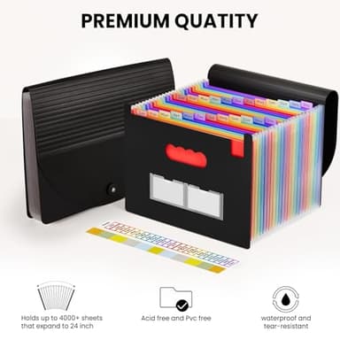 Sooez 24 Pockets Expanding File Folder with Blank Labels, According File Organizer with Expandable Cover, Desktop Accordion Folders Letter A4 Paper Document Storage Organizer, Black - Image 7