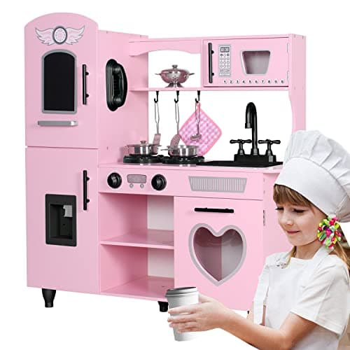 TaoHFE Play Kitchen, Pink Kids Kitchen Set for Girls Kitchen Set for Kids Ages 6-8 Gift Toddler Kitchen Set for Kid Age 3+ Kitchen Playset with Lights & Sounds Wooden Toy Kitchen Playset Gift - Image 1