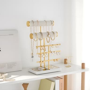 Lolalet Bracelet Display Stand Necklaces Holder, 5 Tiers Jewelry Organizer and Storage Rack with Velvet Slot and Metal Base, for Women Bangles Watches Ring Earrings -White - Image 6
