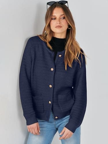 ANRABESS Womens Cardigan Sweater Long Sleeve Button Down Lady Tweed Knit Jackets 2025 Fall Outfits Navy Blue Medium - Image 8
