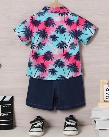 Coco&RARA Toddler Baby Boy Clothes Summer Beach Outfits Hawaiian Short Sleeve Button Down Shirts+Denim Shorts Casual Set (Colorful - Palm Trees, 4-5T) - Image 6