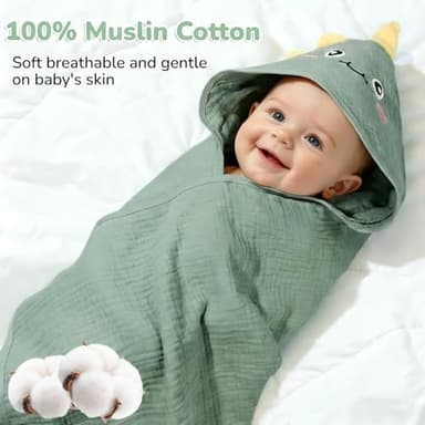 CandyHome 4 Pack Muslin Baby Towels for Newborn Set, 100% Cotton 2 Hooded Baby Bath Towels 32x32" with 2 Washcloths 10x10", Super Soft Absorbent Infant Toddler Bath Essentials Gifts, Dinosaur & Bear - Image 4