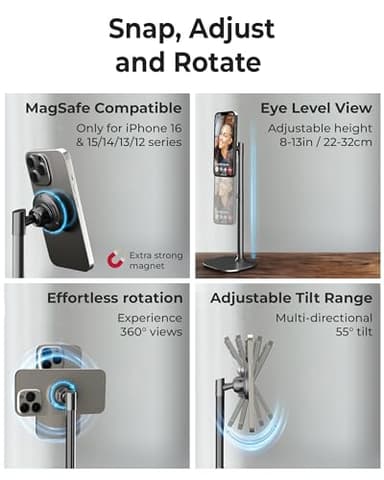 COOPER MagStand - Adjustable Magnetic iPhone Stand for Desk & Phone Holder for Video Recording, Compatible with MagSafe, Stand for iPhone 17 Pro Max, 16/15/14/13/12, Small Mag Safe Tripod (Black) - Image 3