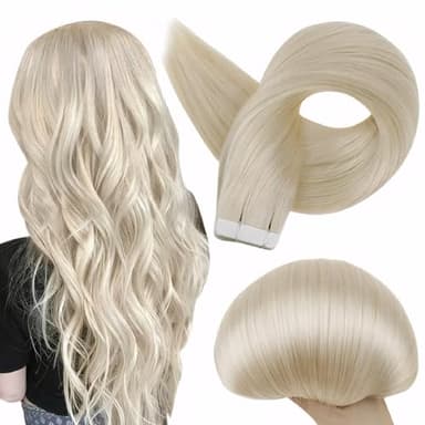 Full Shine Tape In Hair Extensions Double Sided Human Hair Extensions Tape ins Silky Straight Color 60 Platinum Blonde Remy Hair 24 Inch Tape Ins 50G 20 Pcs Seamless Invisible Real Remy Extensions - Image 1