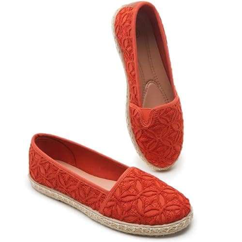BABUDOG Women's Black Flats with Flower Embroideried,White Lace Ballet Flats,Comfortable Dress Flats(Orange.US8) - Image 1