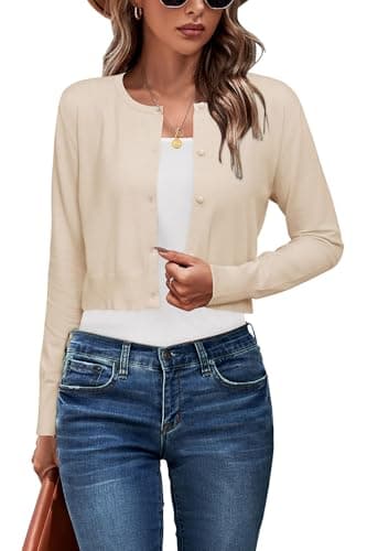 Newshows Cropped Cardigan Sweaters for Women 2025 Fashion Spring Summer Business Crew Neck Button Down Open Front Lightweight Knit Bolero Shrug Sweaters(Light Apricot, Medium) - Image 1