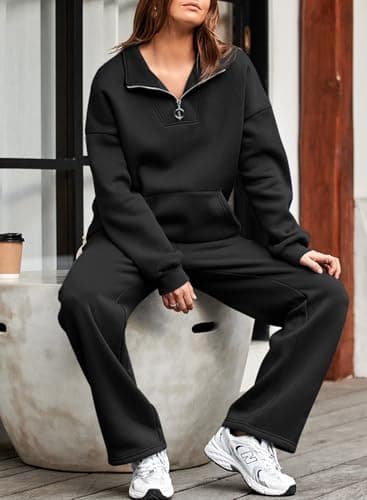 Aleumdr Two Piece Sets for Women Sweatsuit Tracksuits Zip Up Sweatshirt Fleeced Wide Leg Sweatpants 2025 Fall Athleisure Sweat Matching Sets Women Clothing Cotton Lounge Sets Black X-Large - Image 3