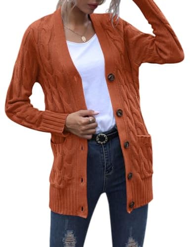 MEROKEETY Women's 2025 Fall Long Sleeve Cable Knit Cardigan Sweater Open Front Button Loose Outerwear Rust - Image 3