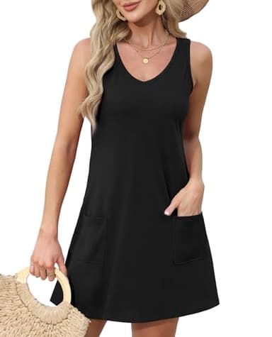 OFEEFAN Summer Dresses for Women 2025 Loose V Neck Casual Dress Sundresses Beach Fashion Plain Black XL - Image 2