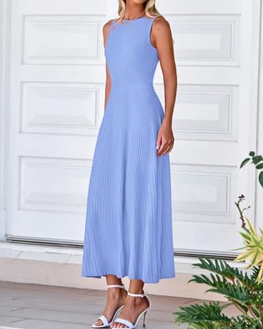 BTFBM Women Midi Bodycon Tank Dress Summer Crewneck Sleeveless Pleated A Line Business Casual Knit Sweater Fall Dresses(Sky Blue, Small) - Image 6