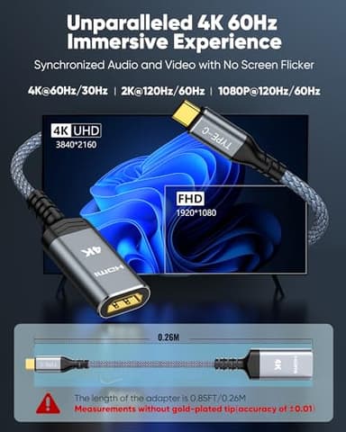 Highwings USB C to HDMI Adapter (4K@60Hz), USB Type C to HDMI Cable Adapter [High Speed, Thunderbolt 3/4 Ports], Compatible for iPhone 15/16 Pro/Max, MacBook Pro/Air, iPad, iMac and More - Image 4